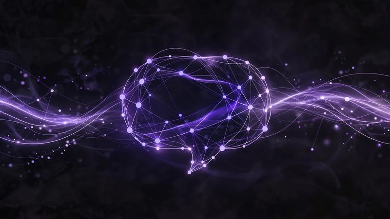 Abstract illustration of glowing network nodes forming a chat bubble on a dark background