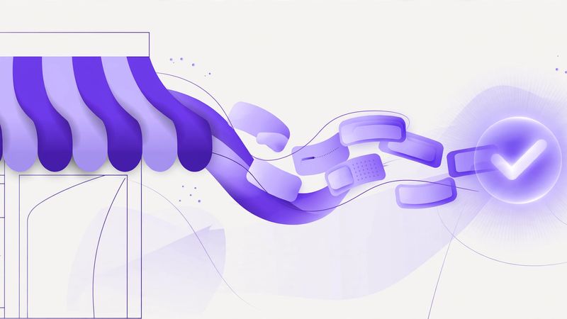 Abstract illustration of a storefront awning flowing into a checkout with a glowing checkmark
