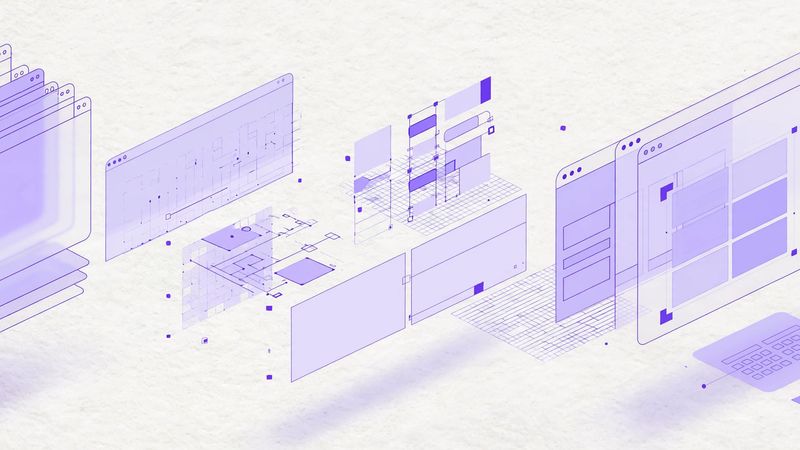 Abstract illustration of website wireframe layers assembling in 3D